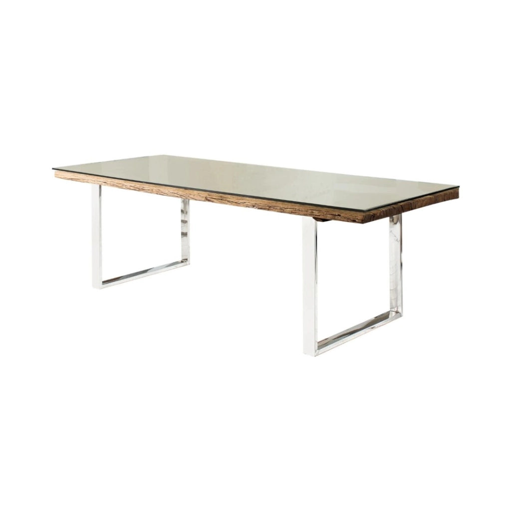 Tavolo da pranzo RAFTA 180 cm – Piano in legno riciclato e vetro temperato, struttura in metallo