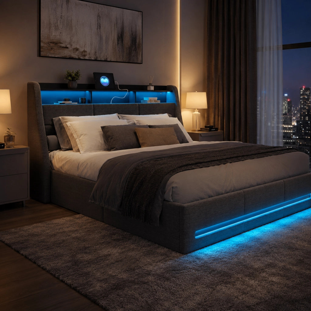 Letto matrimoniale con contenitore idraulico 140×200 cm, tessuto grigio, effetto sospeso LED RGB, testiera con vani, ricarica USB e USB‑C