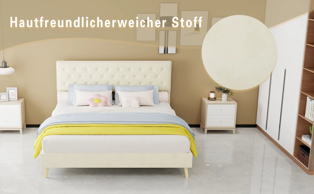 DESMIU Letto 160 × 200 cm 2 posti con vano sotto il letto, senza materasso, in tessuto, beige