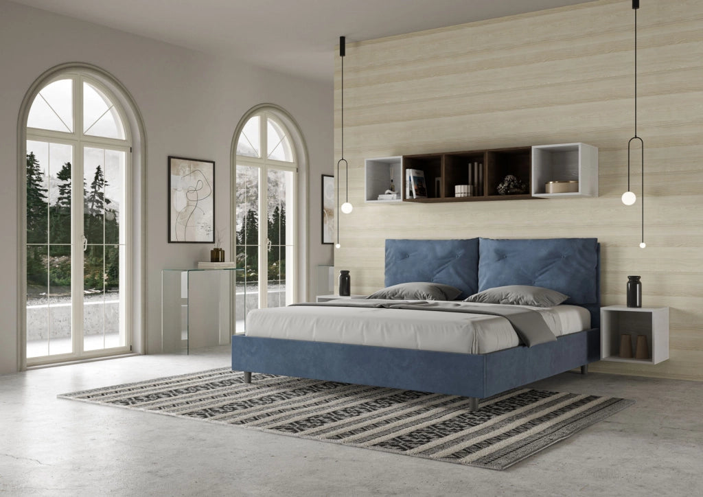 BS COM Letto matrimoniale king size con rete imbottito 190x200 microfibra blu Large