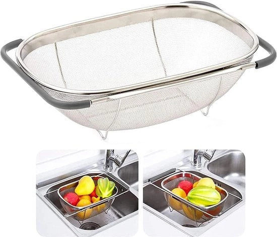 Scolapasta in acciaio inossidabile per lavandino, estratto con scolapasta, set di setola ovale espandibile con maniglie in gomma, setola per lavandino da 6 litri, scarico, lavaggio di frutta, verdure, grigio