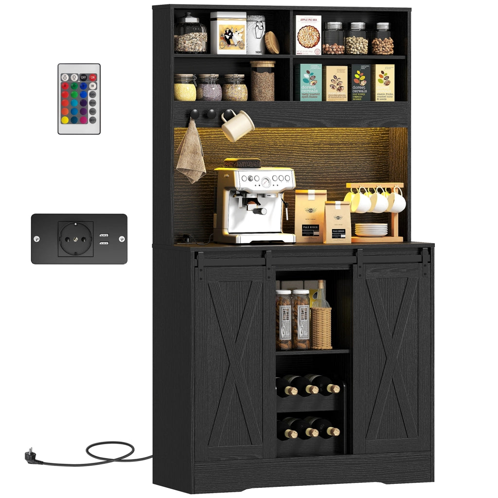 Credenza Rustica con Armadietti, Portabottiglie e Luci LED ¨C Minimal ¨C Nero