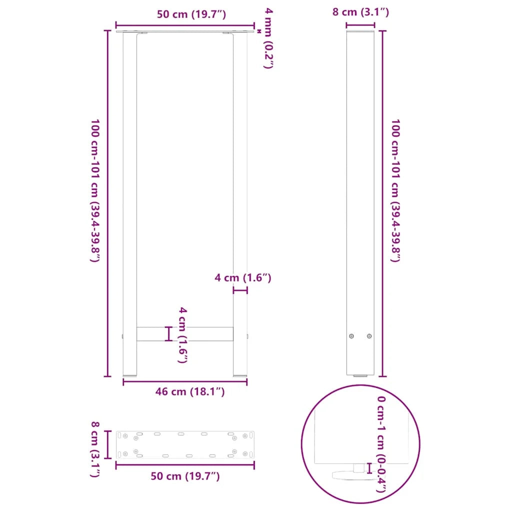 Set di 2 gambe per tavolo da bar regolabili dal design moderno in acciaio verniciato a polvere 50 x 100 cm acciaio naturale 02_0057583