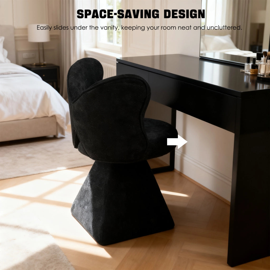 Sedia girevole imbottita in chenille nero con base triangolare stabile, senza braccioli, per soggiorno, sala da pranzo e spazi beauty