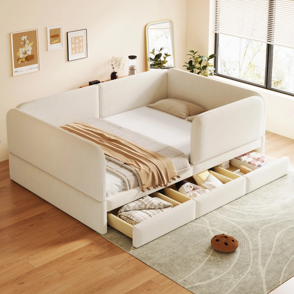 Letto imbottito per bambini 140x200 cm con bordo di sicurezza; angoli arrotondati e cassetto; velluto beige