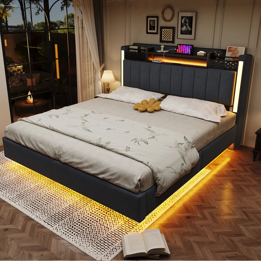 Letto matrimoniale imbottito 140x200 cm con LED; porta USB e contenitore; grigio