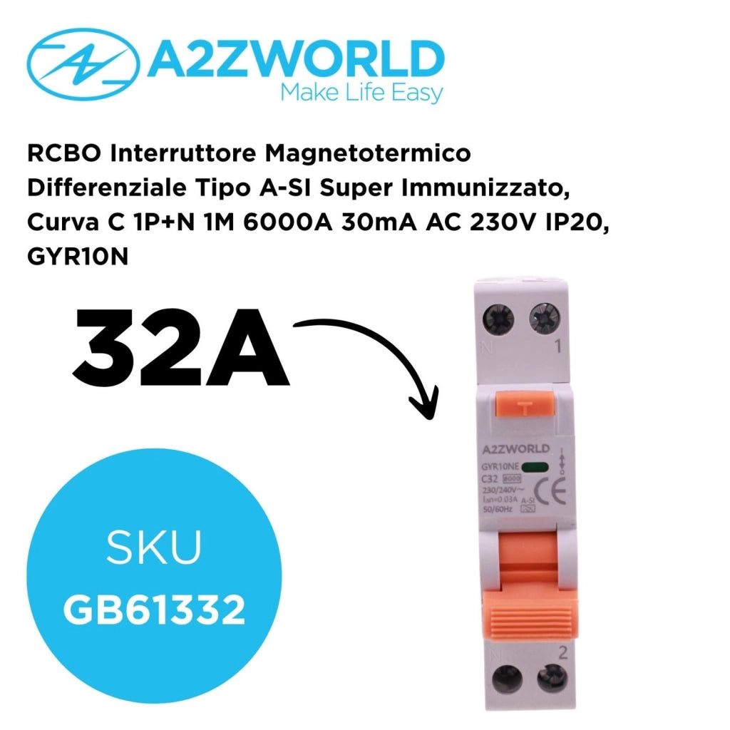 RCBO Interruttore Magnetotermico Differenziale Tipo A-SI Super Immunizzato, Curva C 1P+N 1M 6000A 30mA AC 230V IP20, GYR10N, Disponibili 6A 10A 16A 20A 25A 32A 40A (C32A)