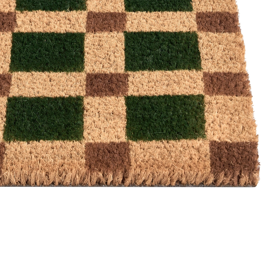 Zerbino in fibra di cocco beige e verde con fondo antiscivolo, 40 x 60 cm. Zerbino decorativo antiscivolo con motivo a quadri