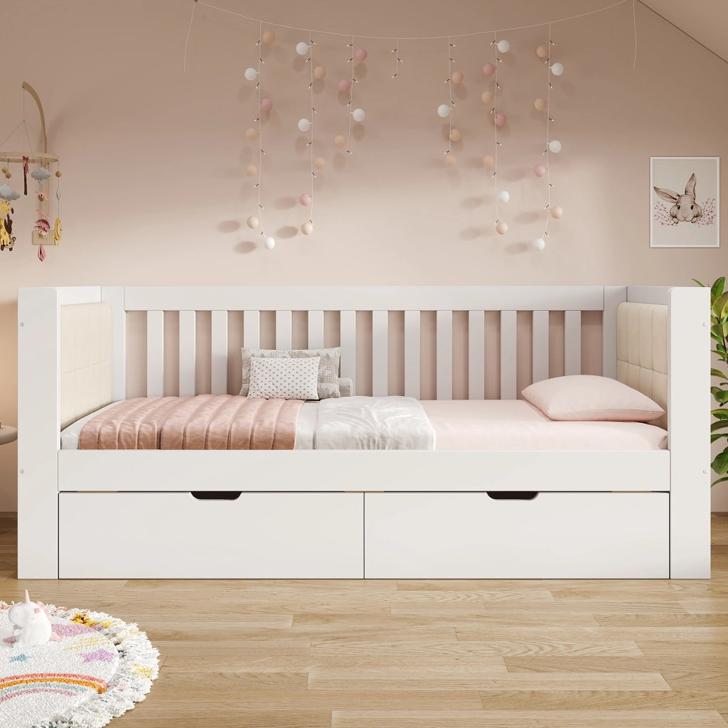DESMIU Divano letto 90 × 190 cm 1 piazza con 2 cassetti, senza materasso, in legno, bianco
