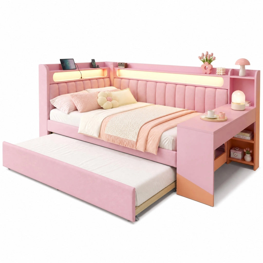 Letto imbottito 140x200 con LED, USB, letto estraibile e scrivania integrata