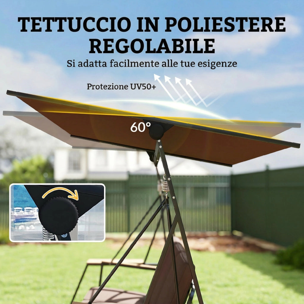 Dondolo da Giardino 3 Posti con Tettuccio Regolabile ¨C zephmum ¨C Marrone, Metallo, 222x131x175 cm
