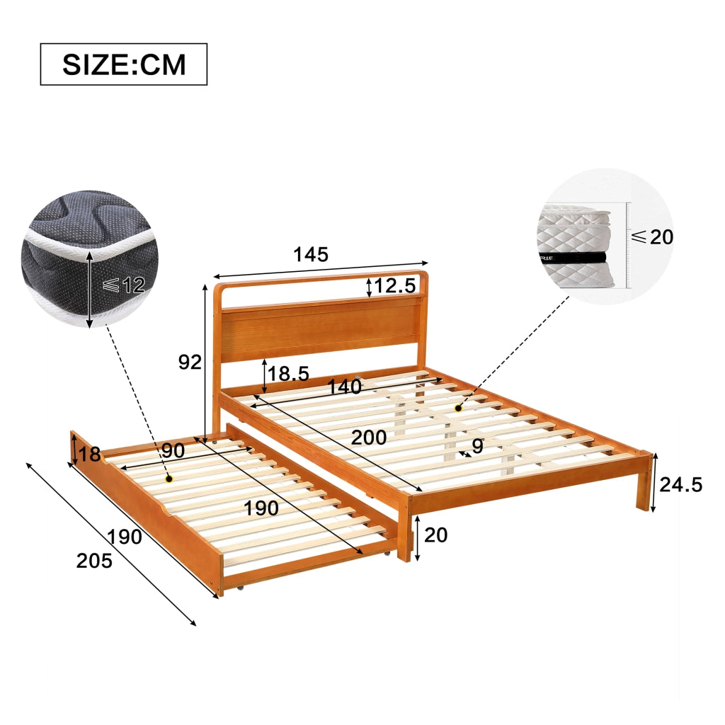 Letto in legno naturale 140x200 cm con letto estraibile 90x190 cm, soluzione 2 in 1 salvaspazio