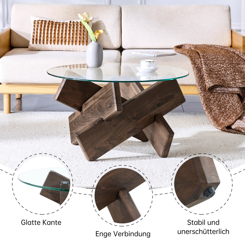 Tavolino rotondo in MDF e vetro multicolore opzionale: gambe di supporto in legno di noce scuro, semplici ed eleganti. Diametro 79 cm, piano in vetro