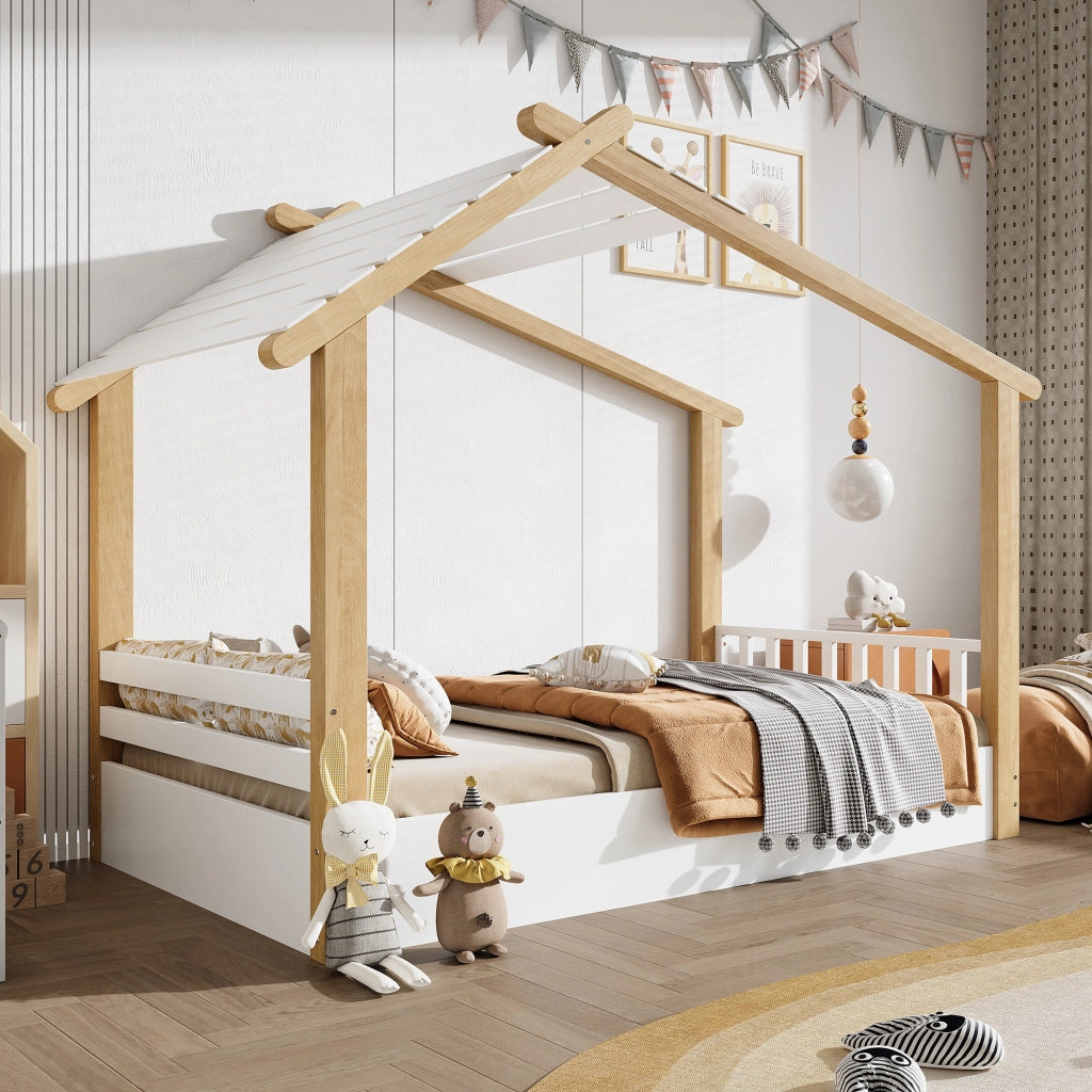 Letto per bambini a forma di casetta 90x200 cm, legno bianco e naturale, con reti a doghe stabili, struttura in pino, truciolare e MDF
