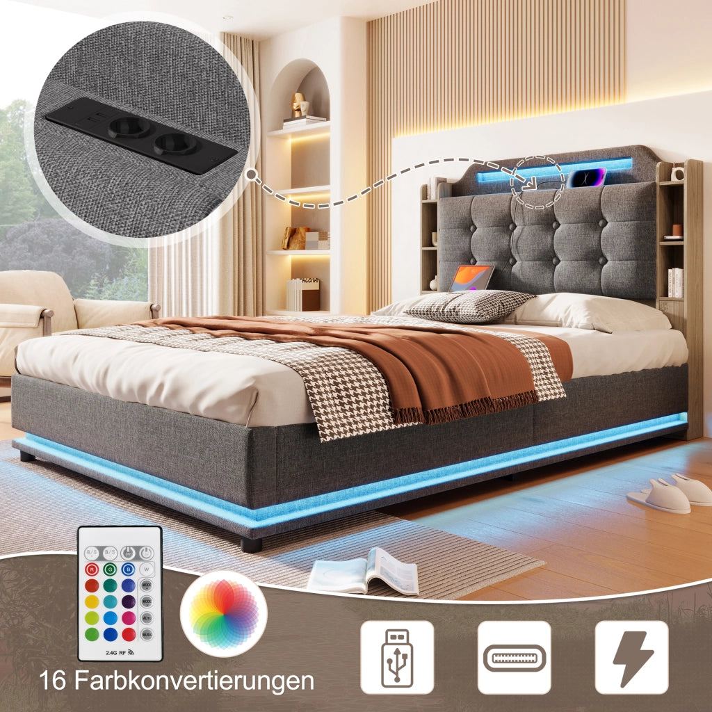 LETTO Imbottito 140x200 cm Grigio in Lino con LED e USB