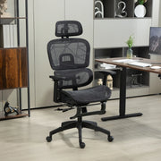 Sedia da Ufficio Ergonomica con Poggiatesta, Supporto Lombare, Poggiapiedi e Schienale Reclinabile, in Poliestere Nero