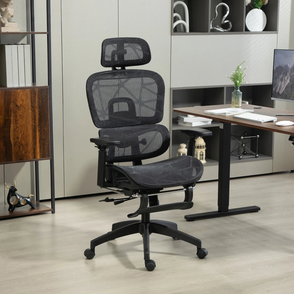 Sedia da Ufficio Ergonomica con Poggiatesta, Supporto Lombare, Poggiapiedi e Schienale Reclinabile, in Poliestere Nero