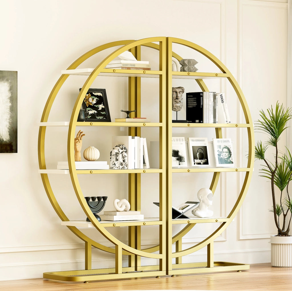 Libreria 120x30x130 cm modulare ad arco; 2 pezzi in MDF e acciaio oro e bianco