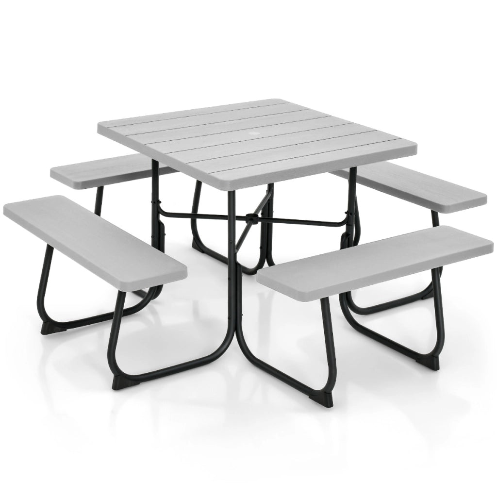 Set tavolo da picnic quadrato per 8 persone, Tavolo per esterni con foro per ombrellone capacit¨¤ di 225kg Grigio-Tavoli e sedie da campeggio