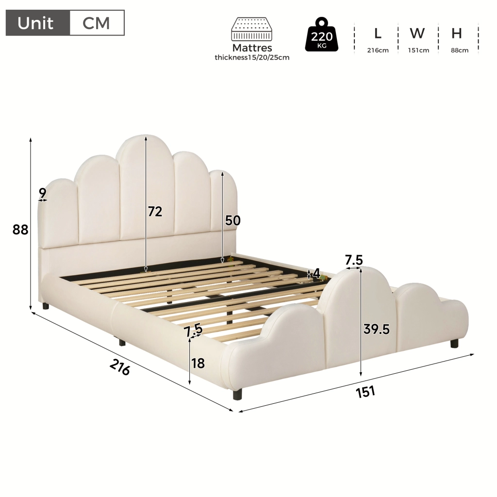 LETTO Imbottito 140x200 cm in velluto beige, struttura unica