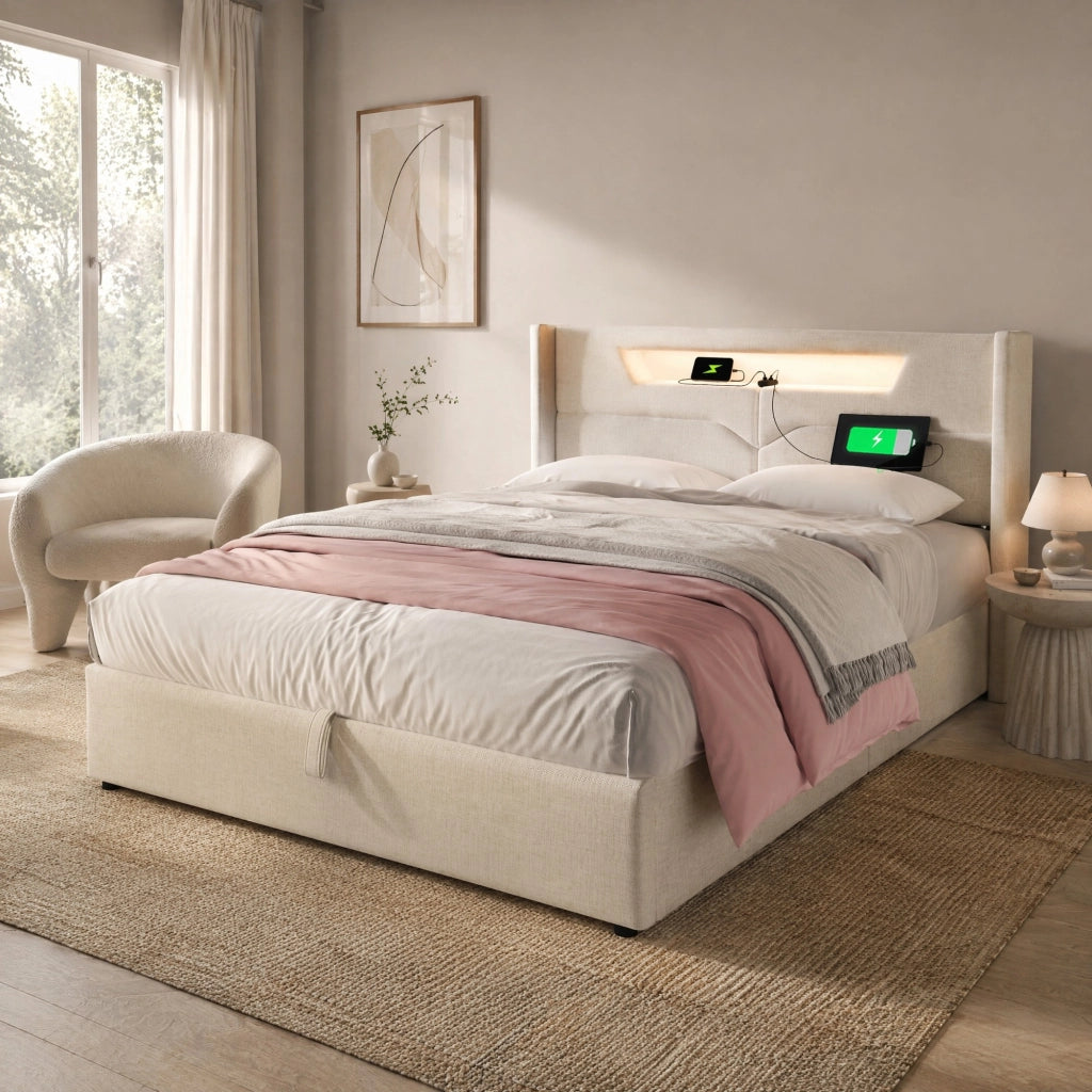 Letto matrimoniale imbottito 140x200 cm in lino beige con LED; USB e Type-C