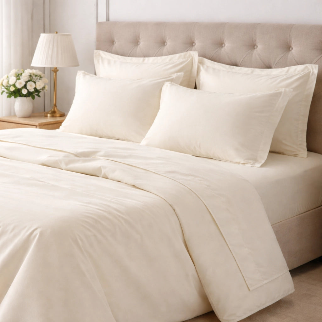 Rova, set Completo Letto Matrimoniale in Cotone, Bianco Avorio
