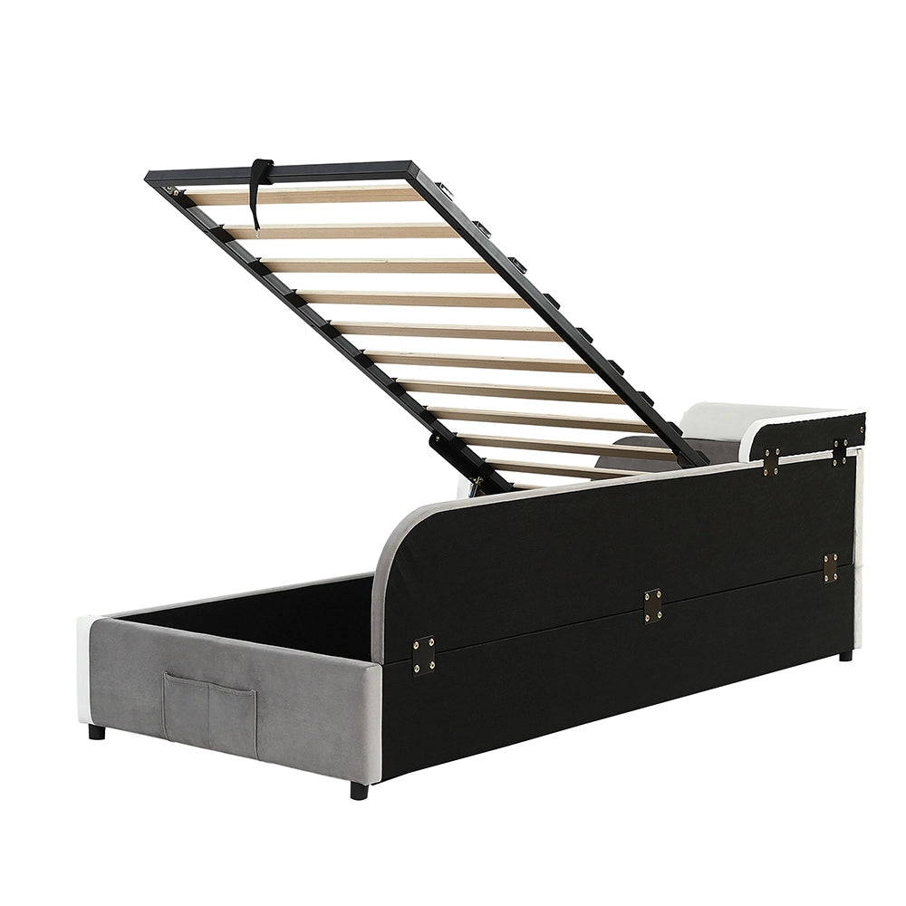 Letto Singolo Idraulico con Contenitore 90x200cm - Xylo - Velluto Grigio con Sponde Morbide