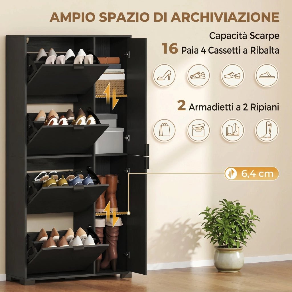 Scarpiera con Specchio e Cassetti ¨C Minimal ¨C Nero 16 Paia
