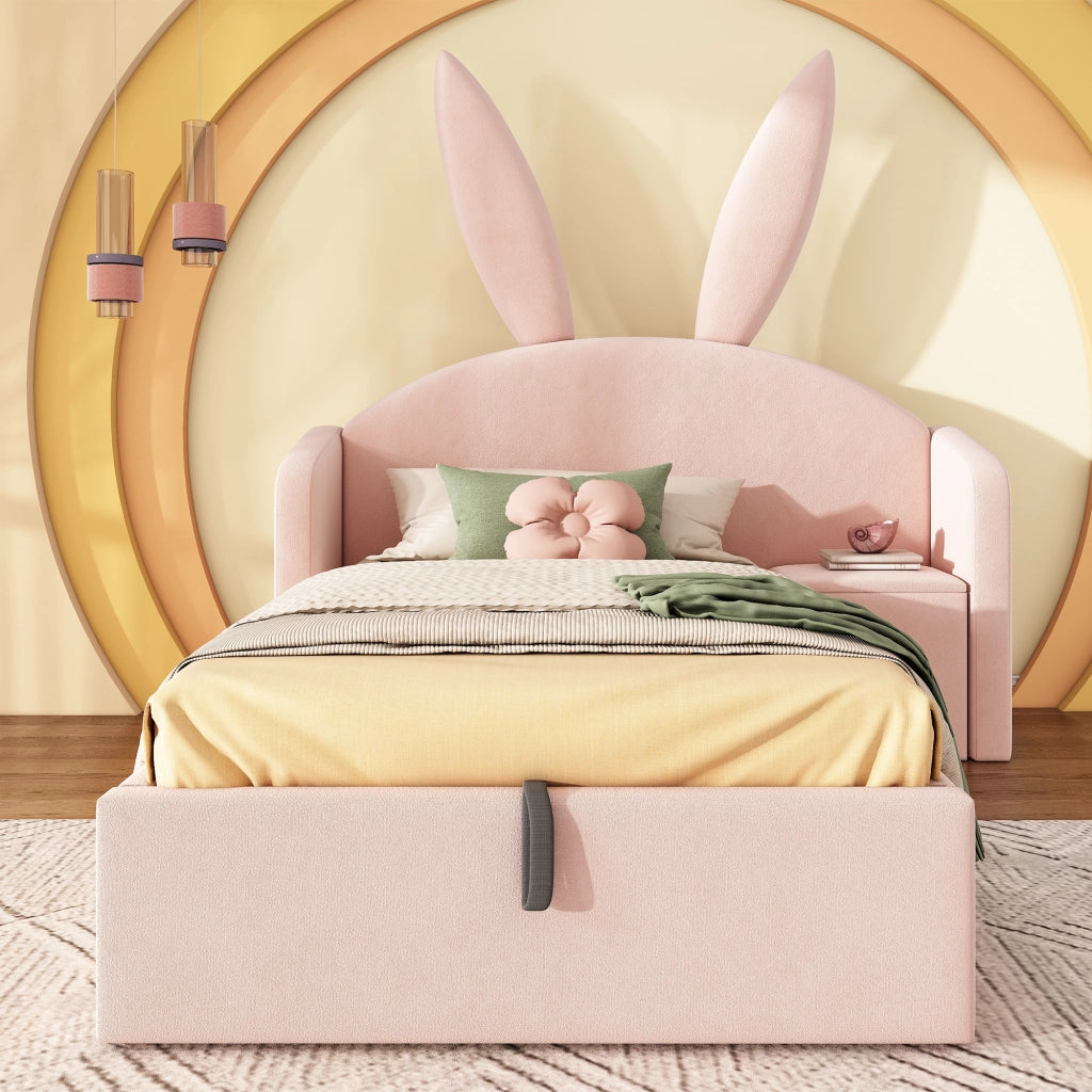 LETTO 90x190 cm in Velluto Rosa con Comodino e Contenitore