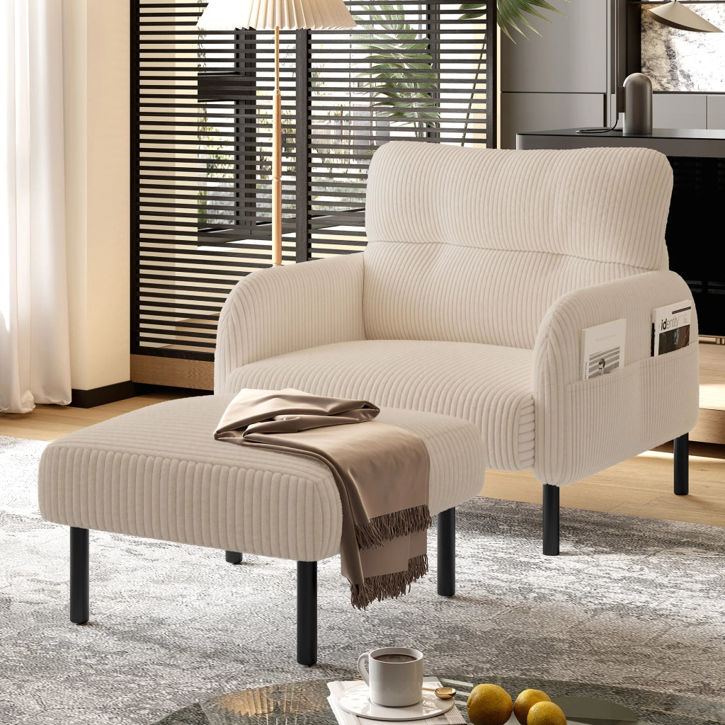 Poltrona Singola con Seduta Profonda con Tasche Laterali Comfort Ergonomico Struttura Metallo in Velluto a Coste Beige
