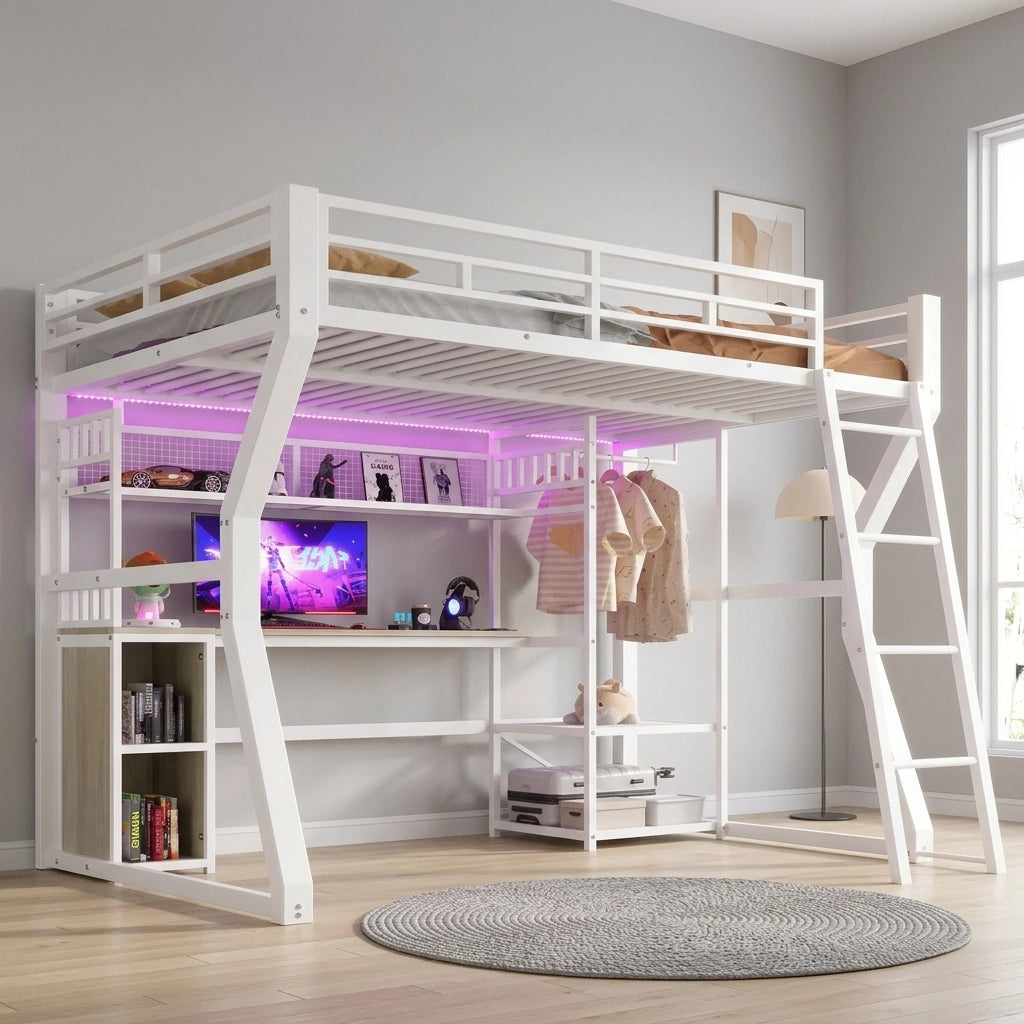 LETTO A CASTELLO 140x200 cm con scrivania, luce, presa, bianco