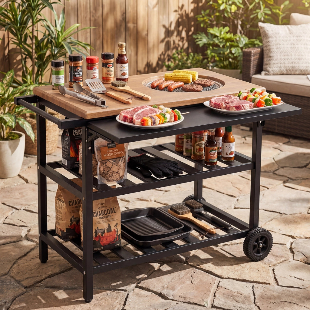 Carrello per barbecue con forno smontabile griglie e teglie in metallo, Carrello cucina da esterno carrellino con ruote