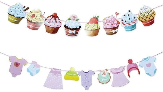 Set di decorazioni per feste da 2 - Slinghi in carta - Abbigliamento per neonati/Cupcake - Svelatura del sesso - Festa per l'arrivo del bambino - Pre-assemblato