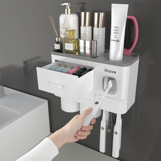 Organizzatore di spazzolino da denti per la parete, con dispensatore di dentifricio per la camera da bagno, 2 contenitori per spazzolino da denti con cassetta, grande capacità organizzatore di spazzolino da denti per la camera da bagno bianco