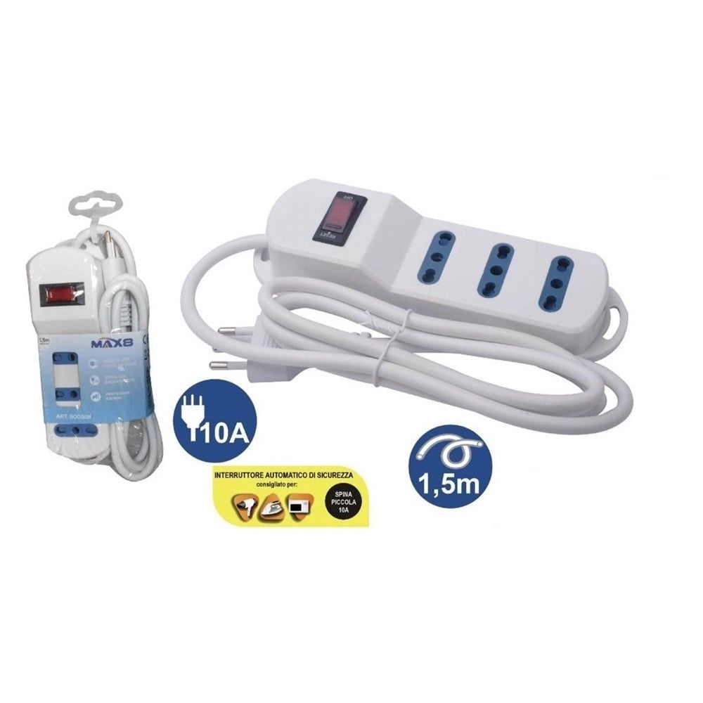 Trade Shop - Multipresa Con 3 Uscite Universali Bipasso Spina 10a Cavo 1.5 Mt Bianco 80091n -