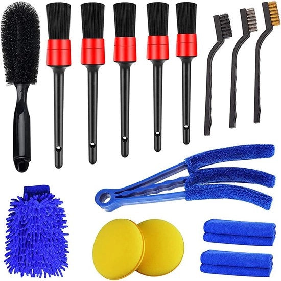 Set di Pulizia Auto da 15 pezzi - Con Set di Spazzole a Filo Spazzola per Ruote Spazzola per Ventilatori Muffa per Pulizia Auto - Kit di Pulizia Auto Completo per Interno Esterno Pannello di Controllo