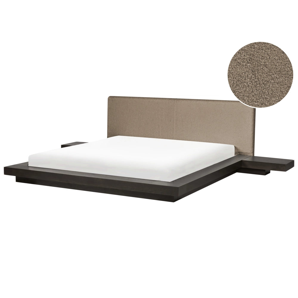 Letto in stile giapponese in legno di frassino scuro 180 x 200 cm, impiallacciato, testiera in bouclé, profilo basso, camera da letto