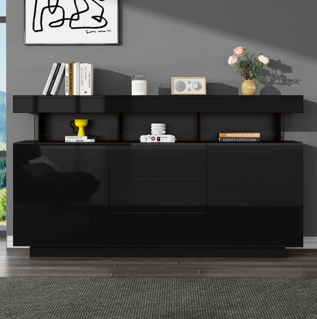 Credenza moderna lucida 140 x 35 x 80 cm con LED; 3 cassetti e 2 ante; nero