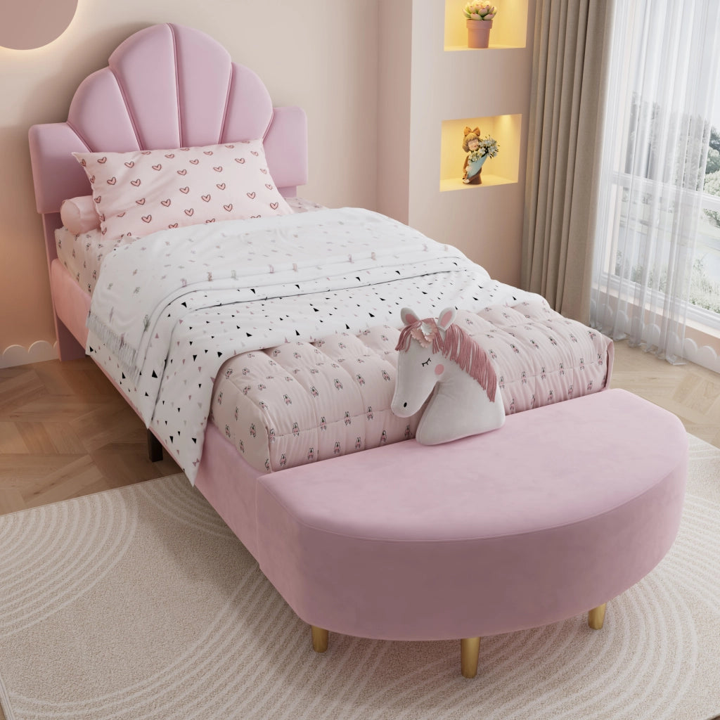 LETTO imbottito 90x200 cm in velluto rosa con panca coordinata