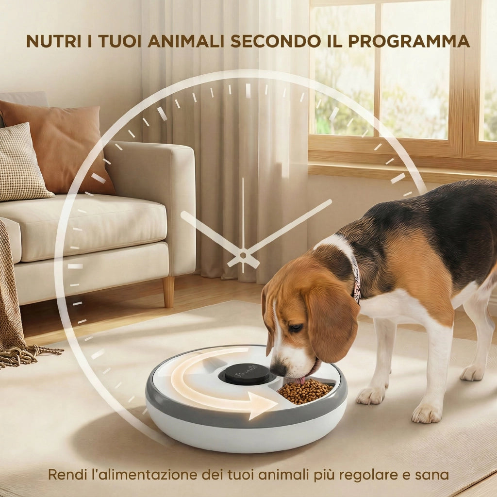 Distributore Automatico Cibo Gatti e Cani con Timer e Display LED 1-6 Pasti Giornalieri per Cibo Secco e Umido Bianco e