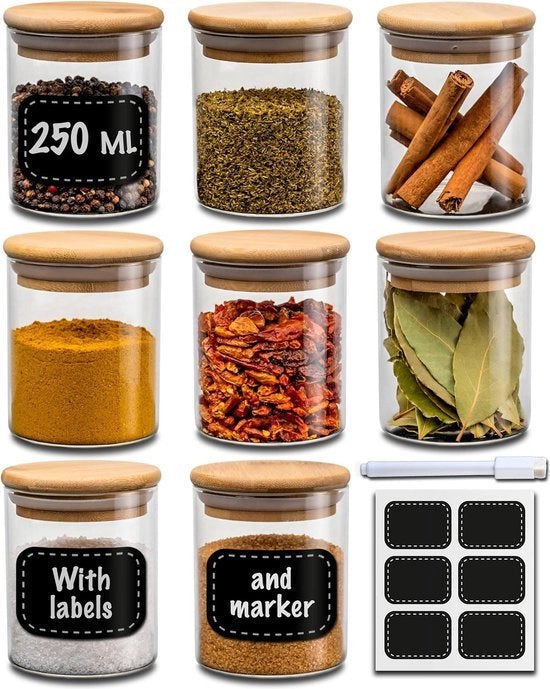 Set di contenitori per spezie da 8 pezzi 250ml - con etichette e pennarelli per etichettatura - ermetici - lavastoviglie - organizzazione della cucina - contenitori per spezie - erbe e tè