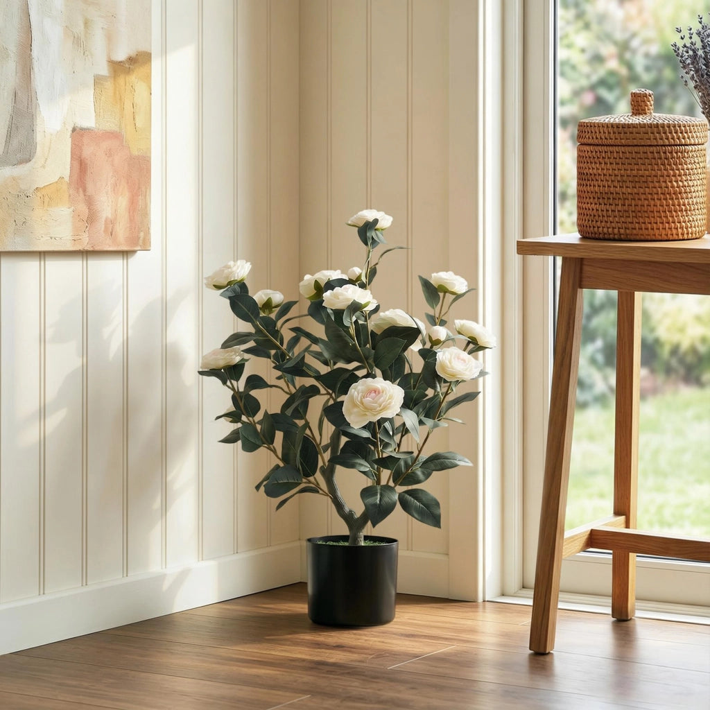 Pianta Artificiale di Camelia 65cm ¨C Xylo ¨C Fiori Seta Realistici 116 Foglie Effetto Musgo Bianco