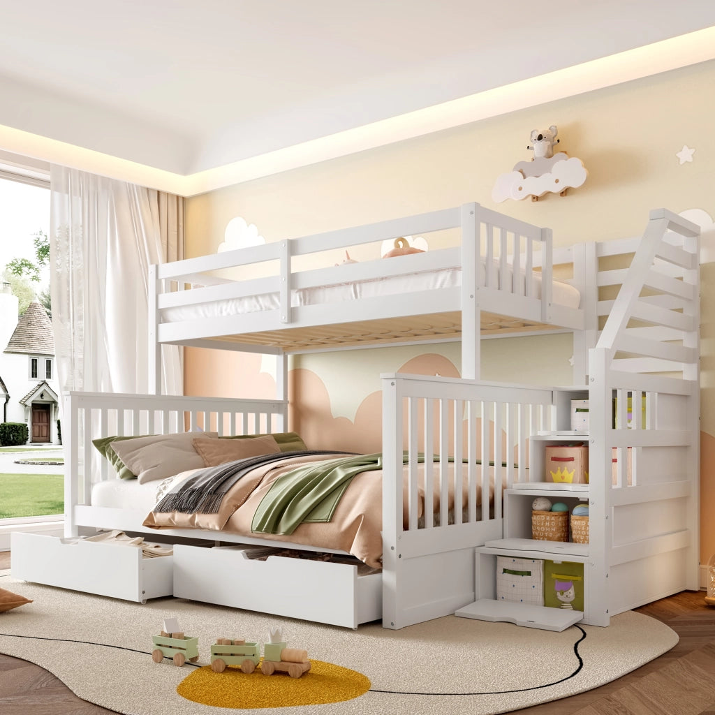 Letto a castello con cassetti in pino bianco 90x200 su 140x200 cm