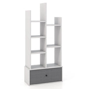 Libreria a 7 piani con cassetto 7 scomparti, Libreria espositiva in legno da 118 cm per soggiorno Bianco-Librerie