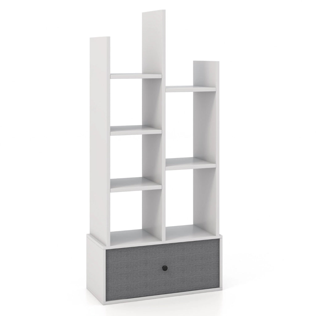 Libreria a 7 piani con cassetto 7 scomparti, Libreria espositiva in legno da 118 cm per soggiorno Bianco-Librerie