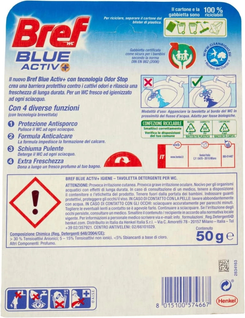 BREF BREF WC POWER ACTIV BLUE DETERGENTE PROFUMATORE IN PASTIGLIE IGIENIZZANTE BAGNO PULITO FRESCO FORMATO 50 G
