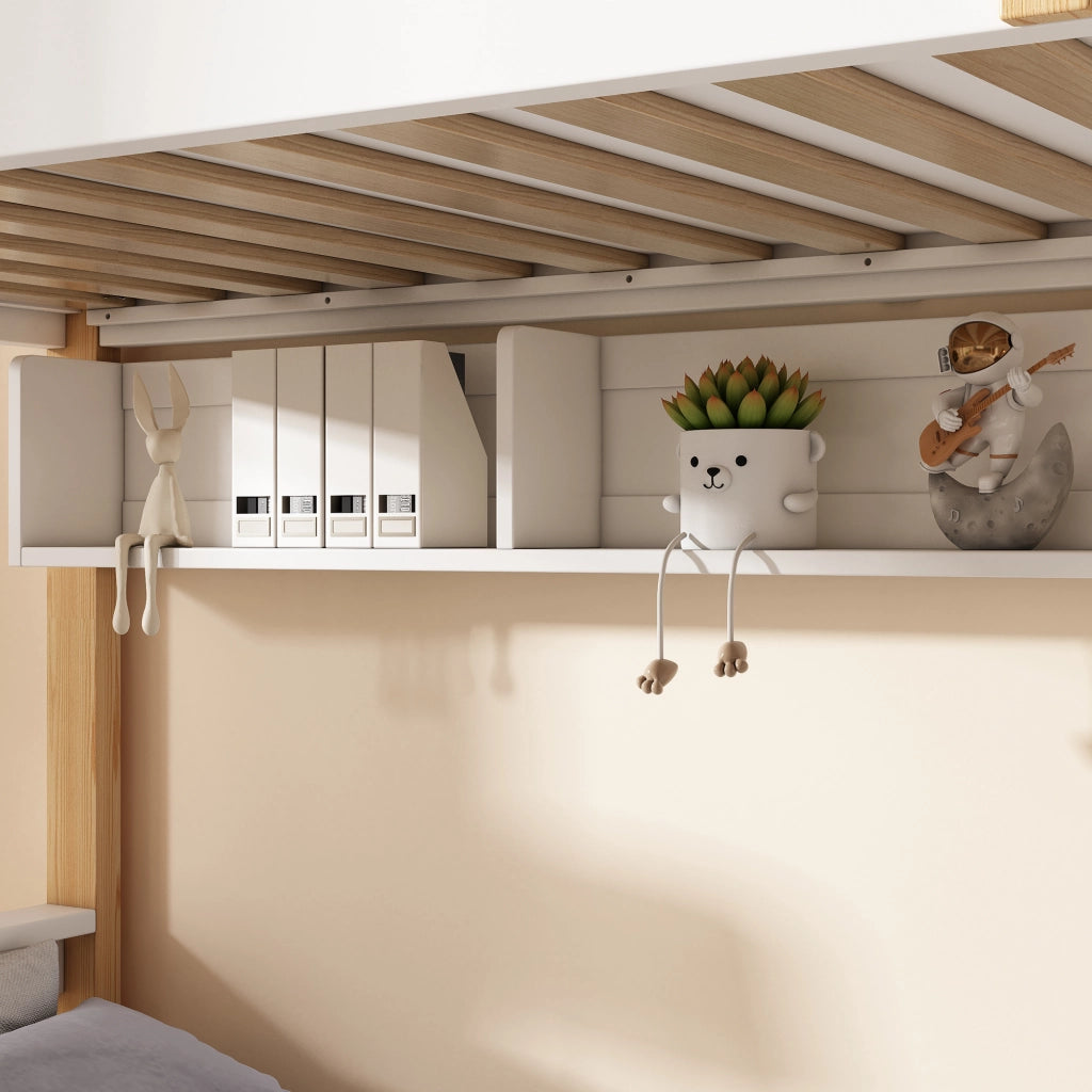 DESMIU Letto a castello per bambini 90 × 200 e 140 × 200 cm con lavagna, vano contenitore, senza materasso, in legno, bianco