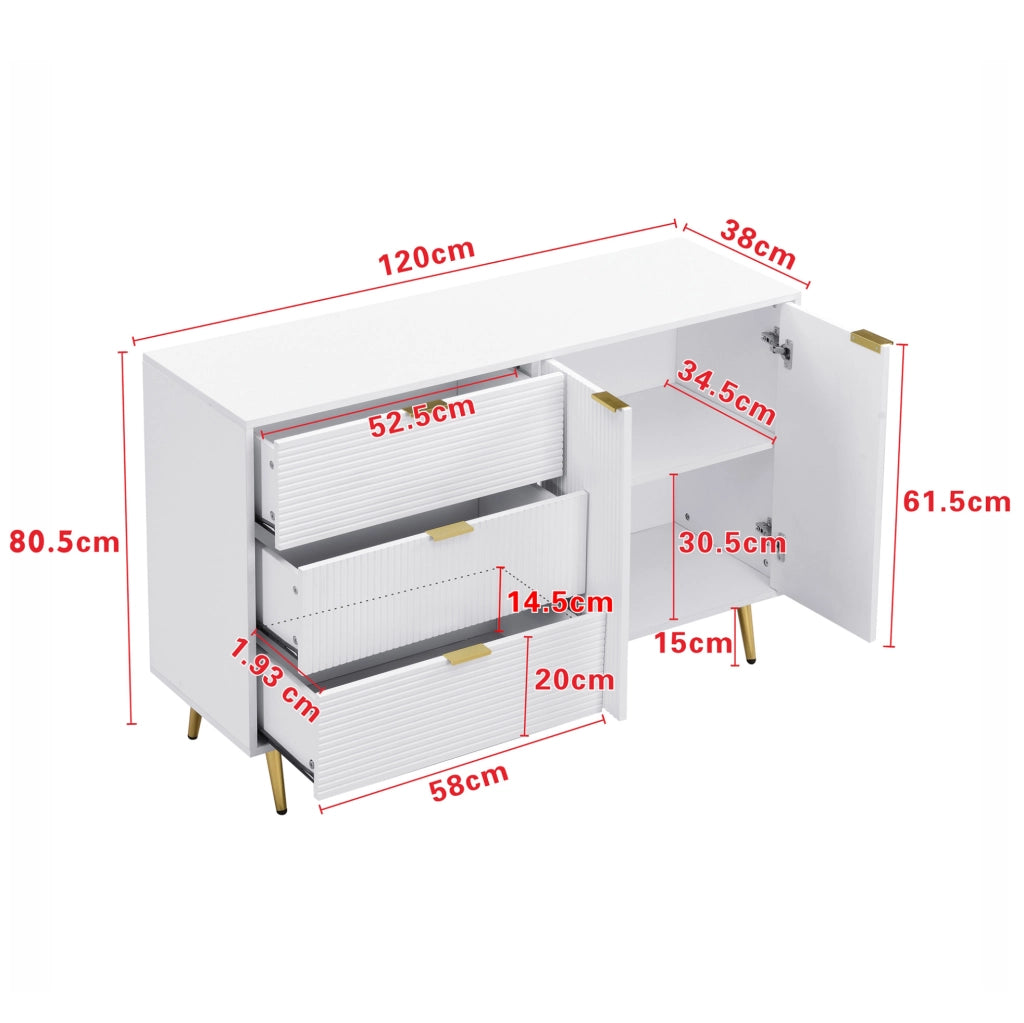Sideboard moderno 120x38x80;5 cm in MDF bianco e oro con 3 cassetti e 2 ante