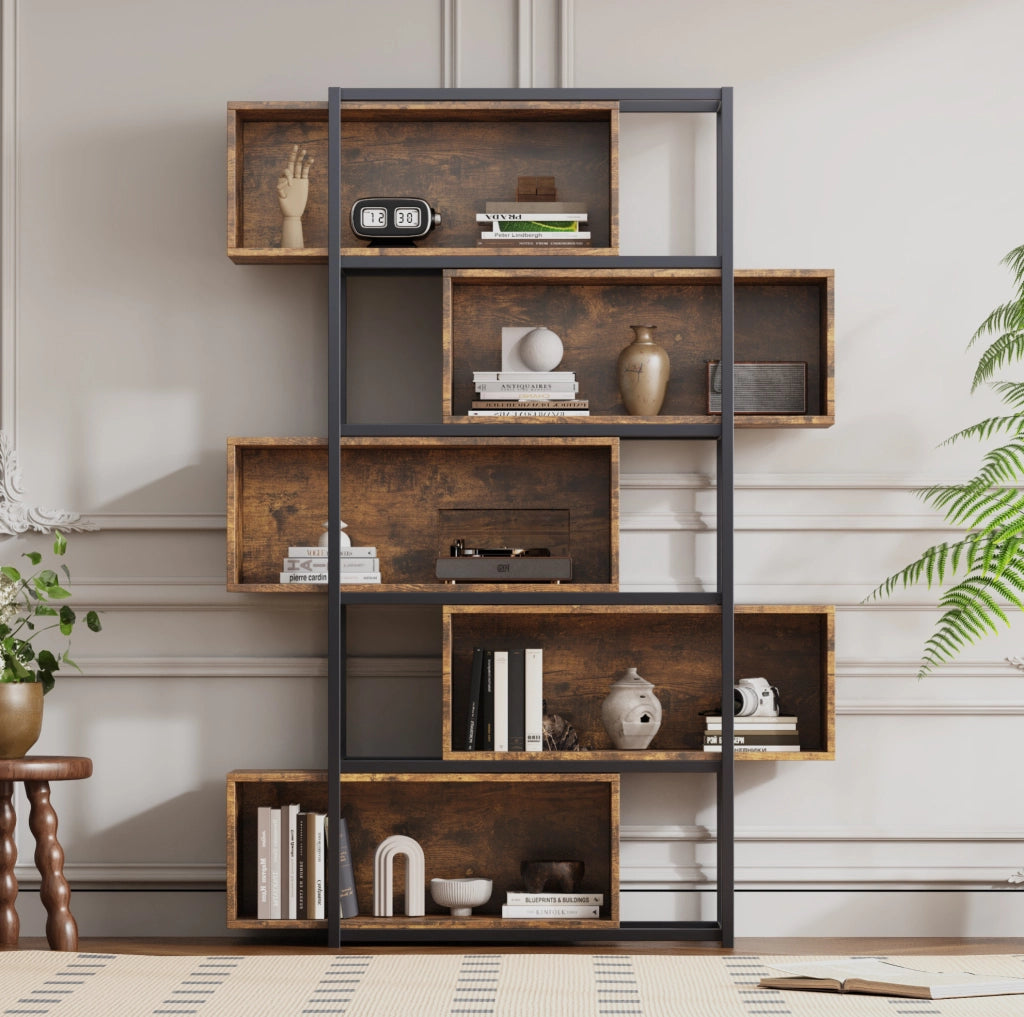 Libreria in MDF con ripiani aperti; stile industriale; nero e marrone