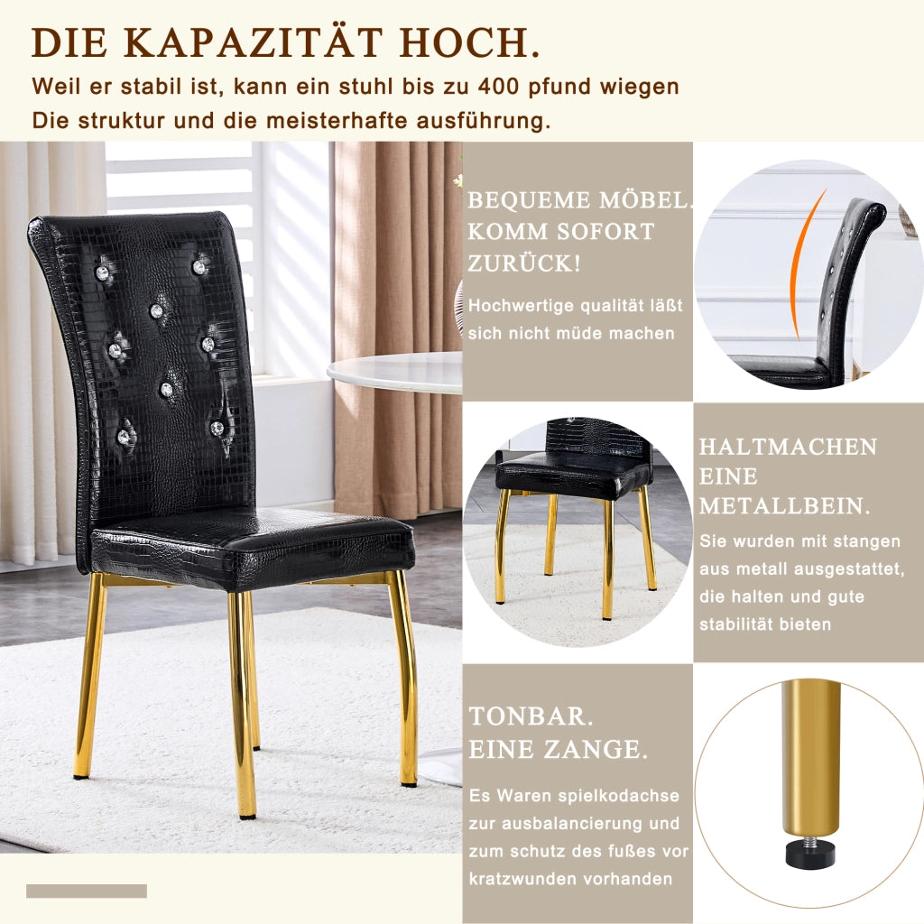 Sedia da Pranzo Set da 4 con Schienale Imbottito, Gambe in Metallo Dorato, in PVC Nero e Oro